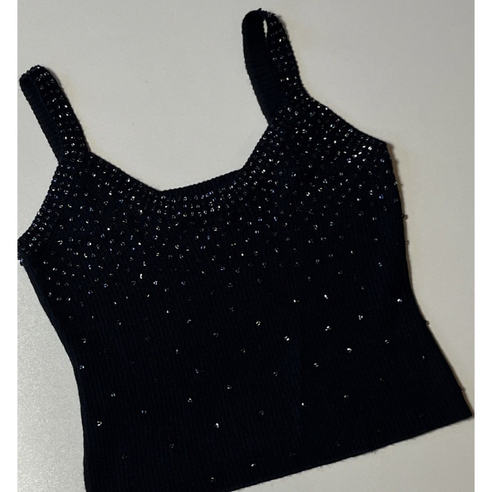 Stenay Vintage Black Beaded Knit Tank Top Wool Blend Ribbed Sleeveless Medium